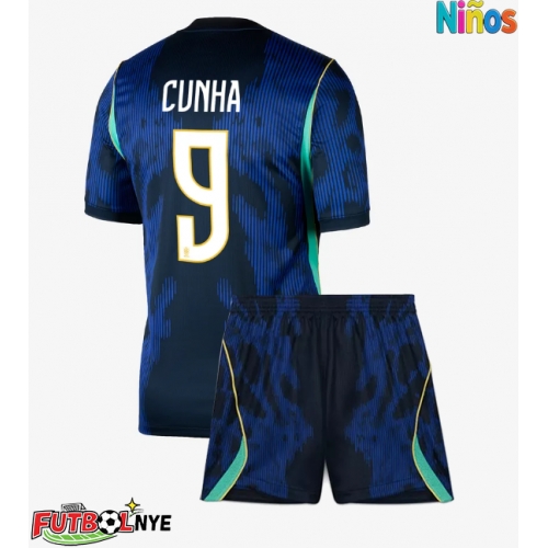 Camiseta Brasil Matheus Cunha #9 Visitante Equipación para niños Mundial 2026 manga corta (+ pantalones cortos)